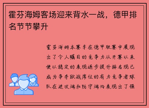 霍芬海姆客场迎来背水一战，德甲排名节节攀升