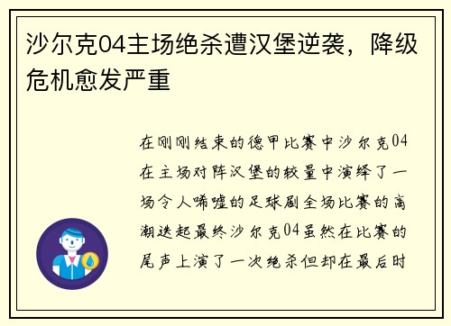 沙尔克04主场绝杀遭汉堡逆袭，降级危机愈发严重