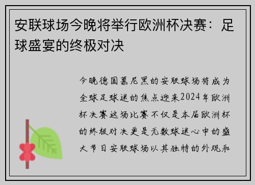 安联球场今晚将举行欧洲杯决赛：足球盛宴的终极对决