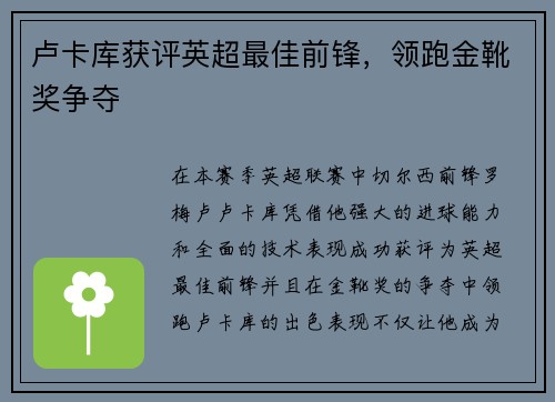 卢卡库获评英超最佳前锋，领跑金靴奖争夺