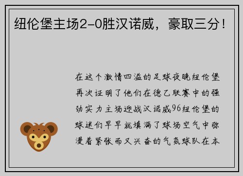 纽伦堡主场2-0胜汉诺威，豪取三分！