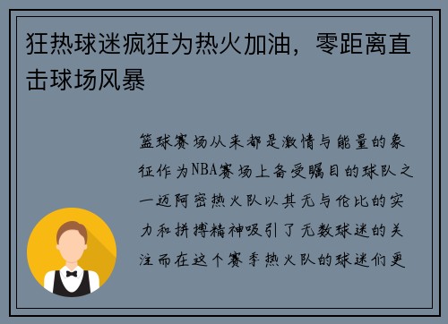 狂热球迷疯狂为热火加油，零距离直击球场风暴