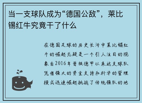当一支球队成为“德国公敌”，莱比锡红牛究竟干了什么